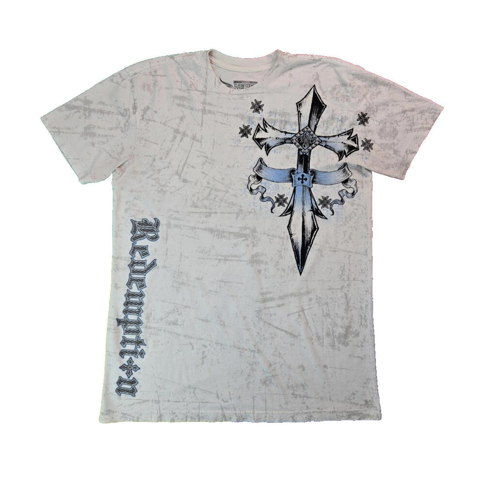 Raw State Premium Y2K Winged Cross Redemption Grunge White T Shirt Mens Large L
